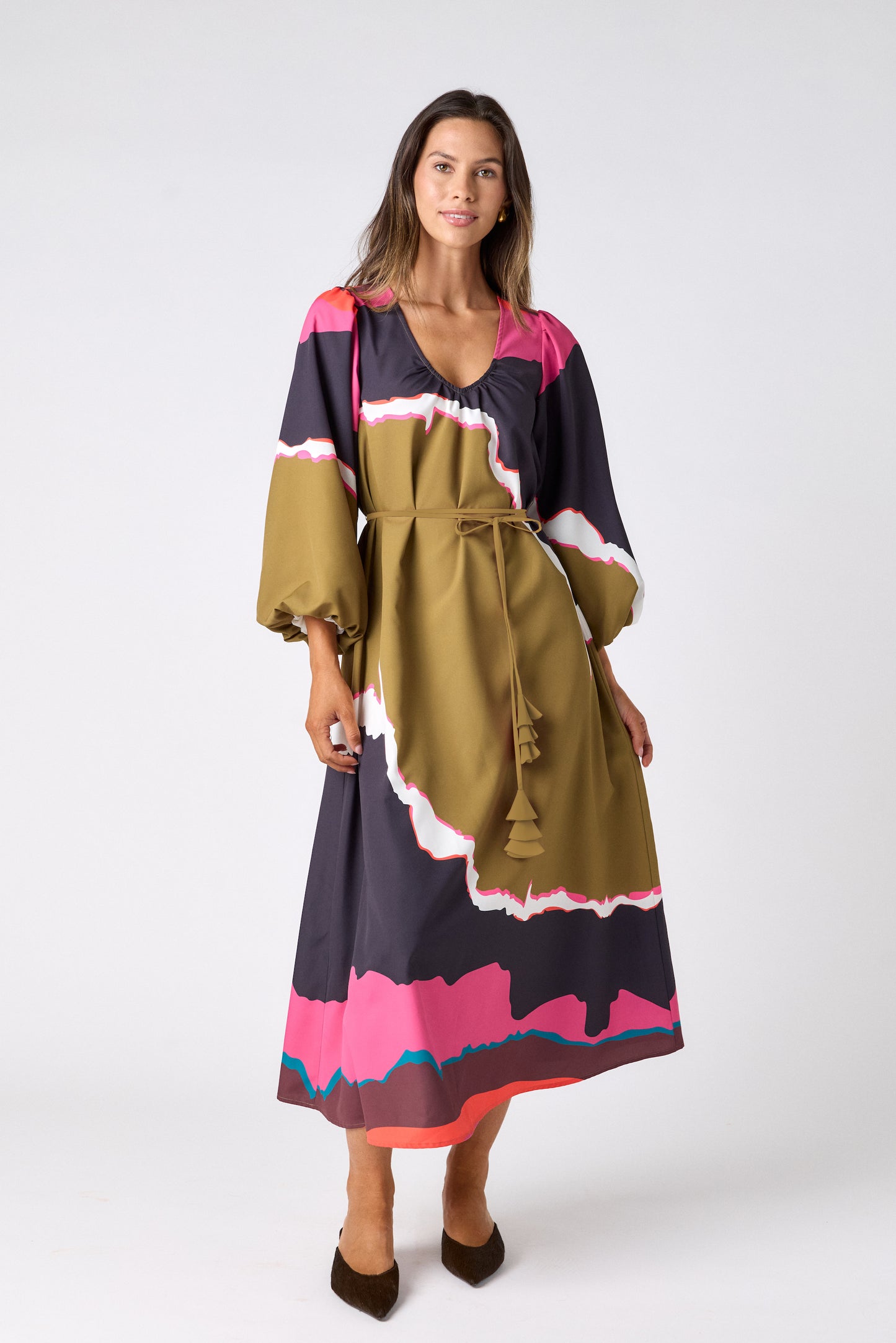 Portoro swingy maxi dress on model – CROSBY by Mollie Burch