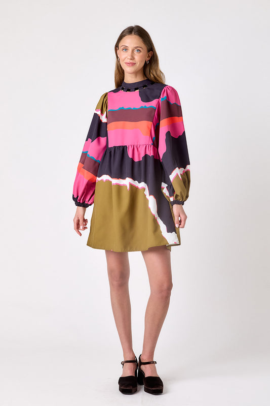 Portoro above-the-knee dress with balloon sleeves on model – CROSBY by Mollie Burch