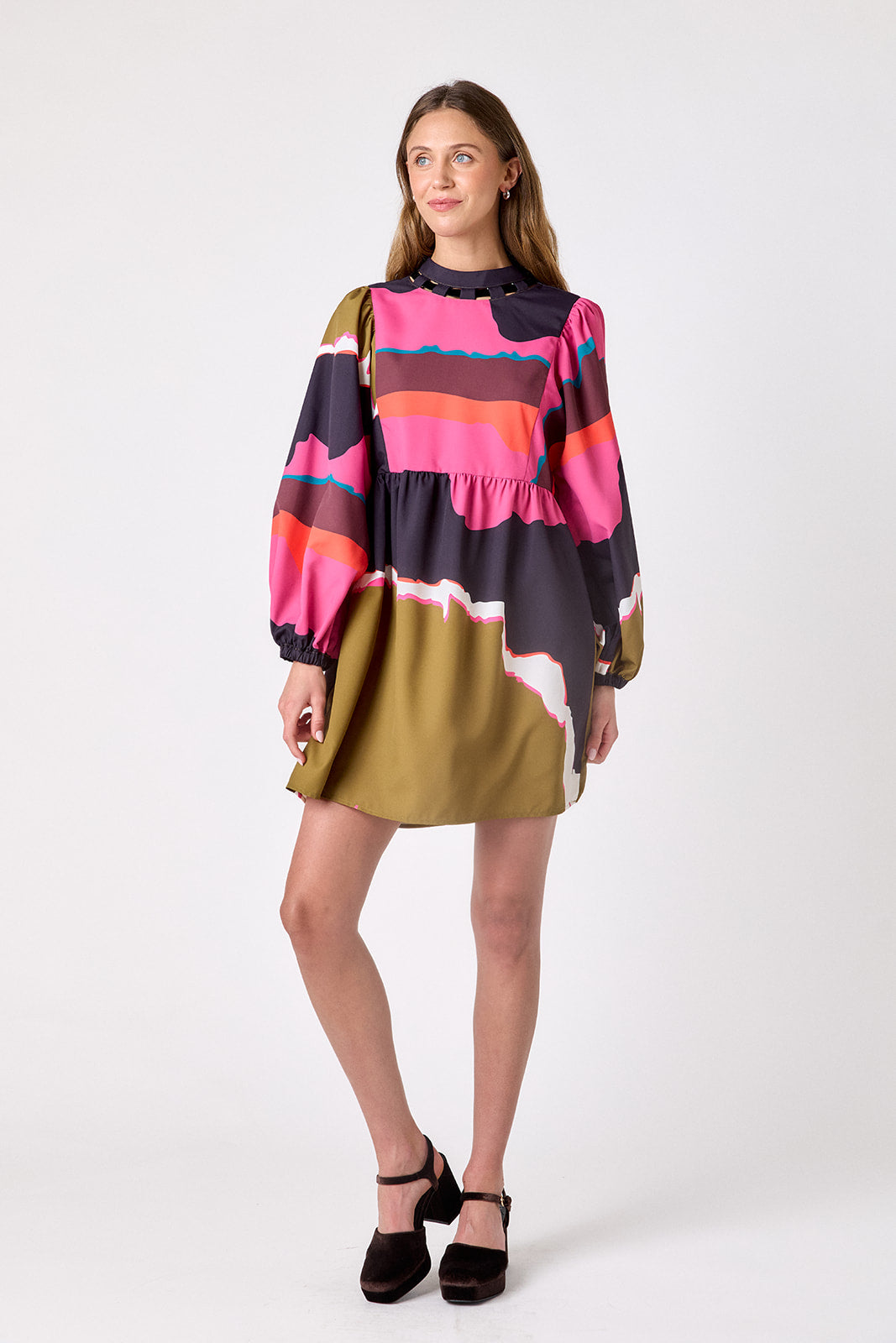 Portoro above-the-knee dress with balloon sleeves on model – CROSBY by Mollie Burch