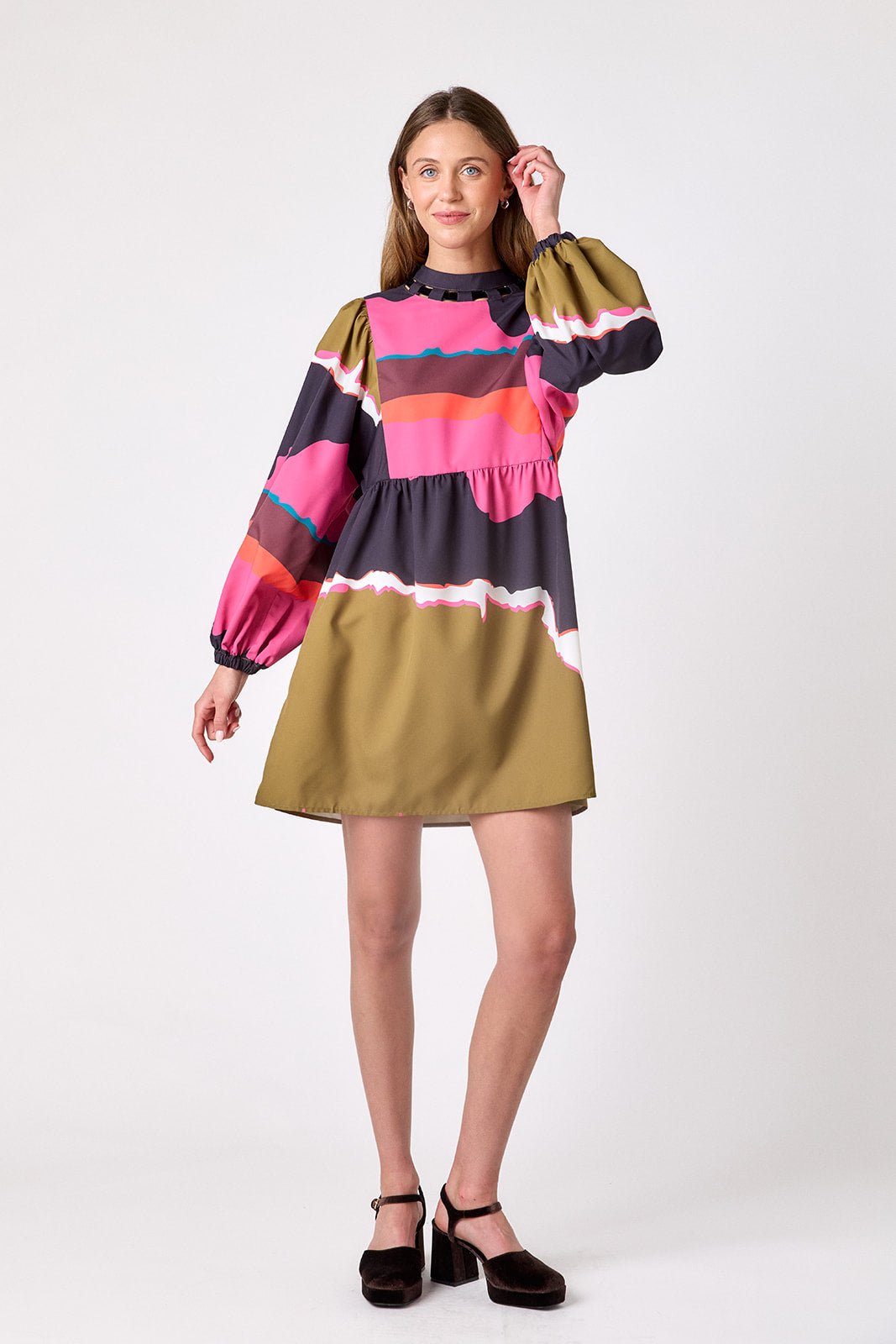 Portoro above-the-knee dress with balloon sleeves on model – CROSBY by Mollie Burch