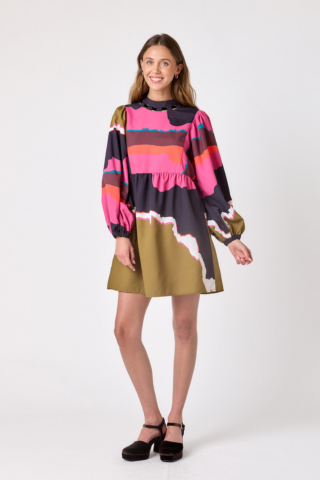 Portoro above-the-knee dress with balloon sleeves on model – CROSBY by Mollie Burch