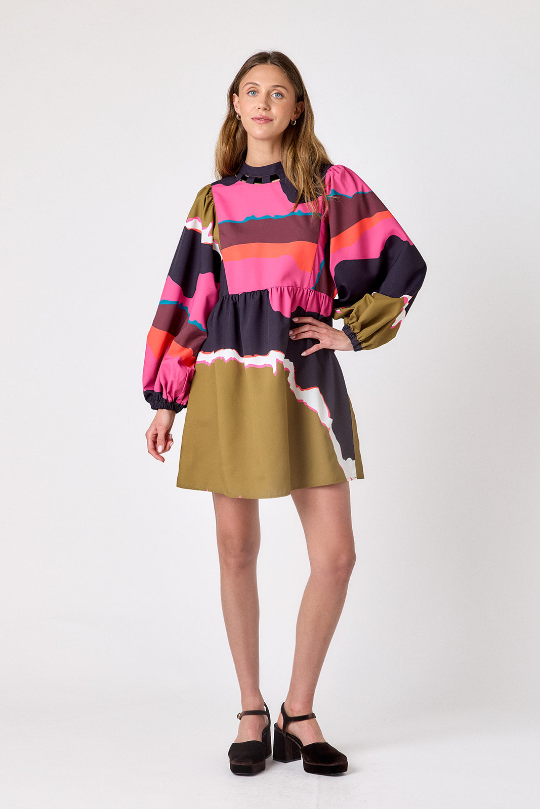 Portoro above-the-knee dress with balloon sleeves on model – CROSBY by Mollie Burch
