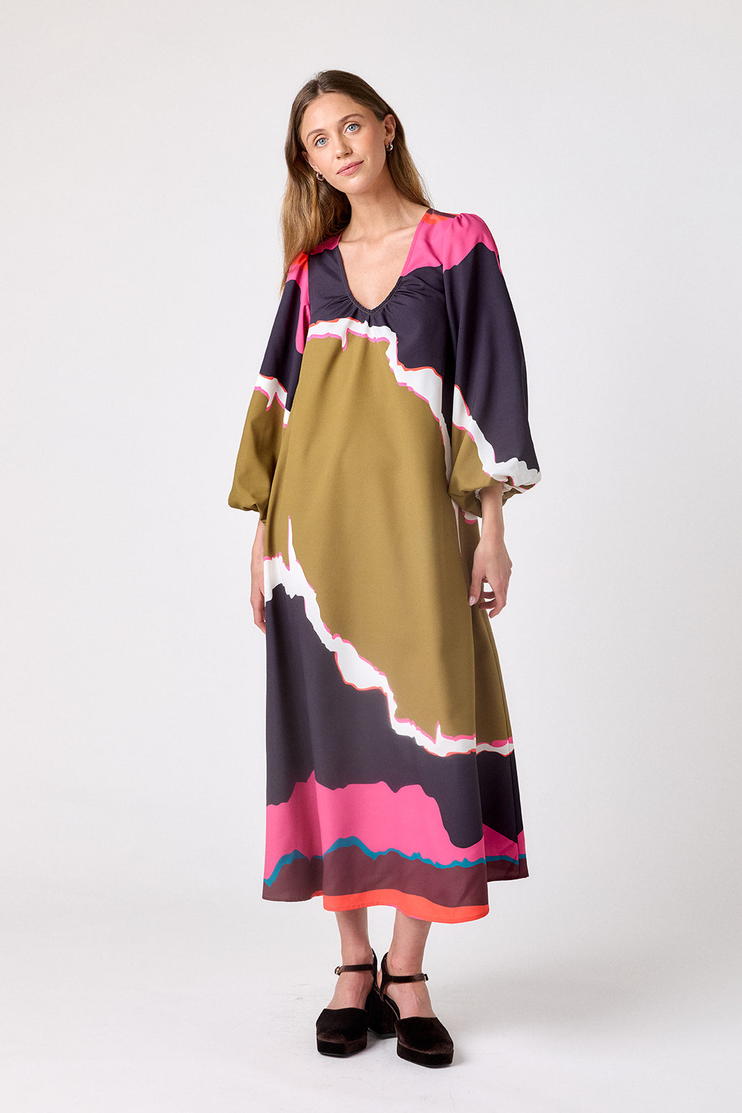 Portoro swingy maxi dress on model – CROSBY by Mollie Burch