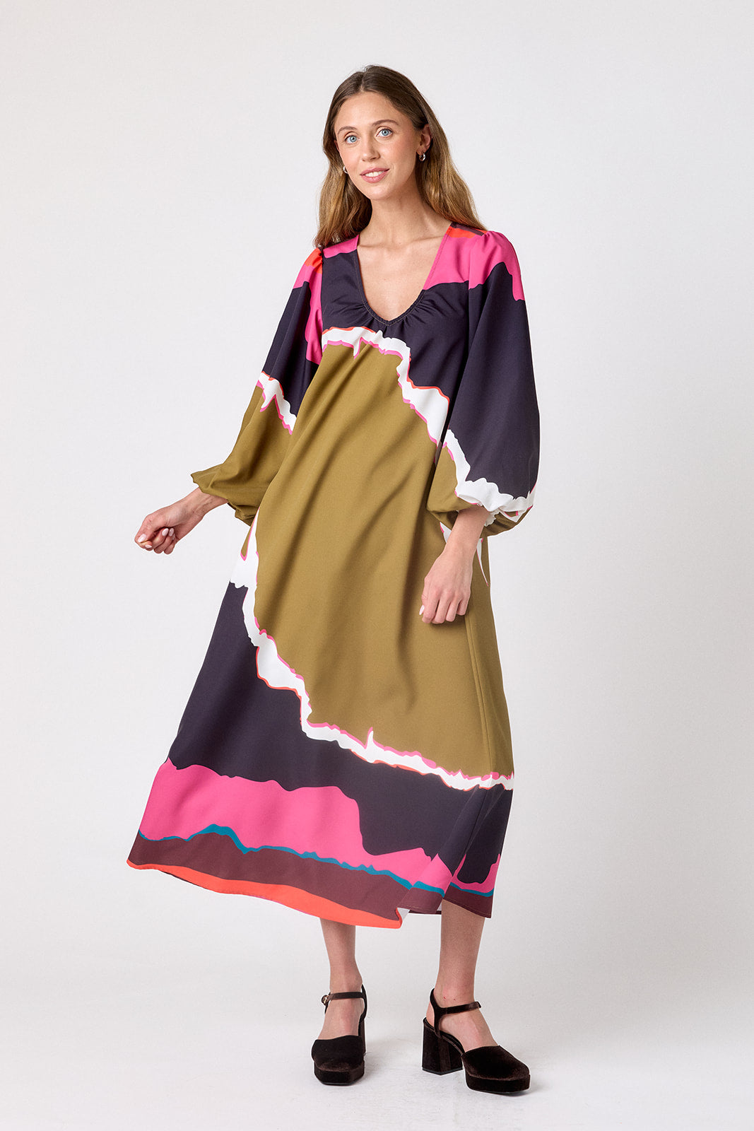 Portoro swingy maxi dress on model – CROSBY by Mollie Burch