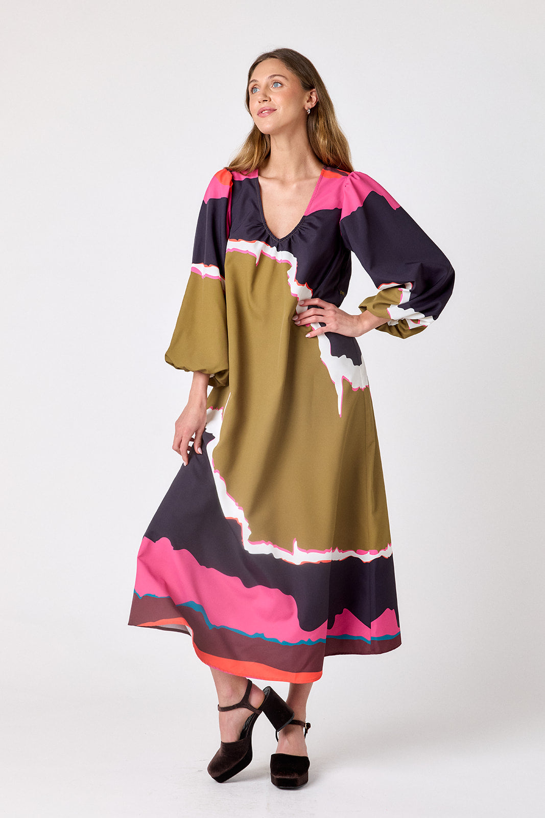 Portoro swingy maxi dress on model – CROSBY by Mollie Burch