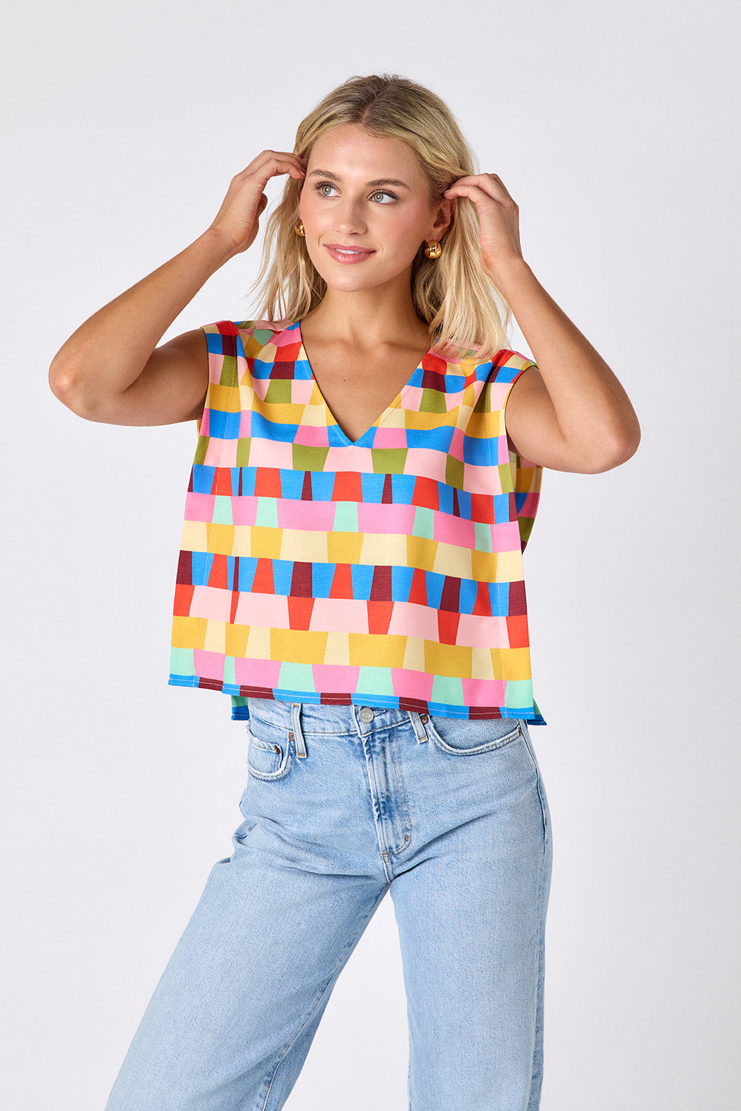 Prism crop-length tank top with v-neck on model — CROSBY by Mollie Burch