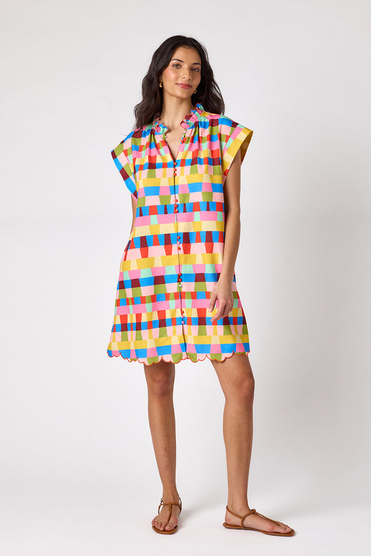 Prism button-front mini dress with scallop hem on model — CROSBY by Mollie Burch