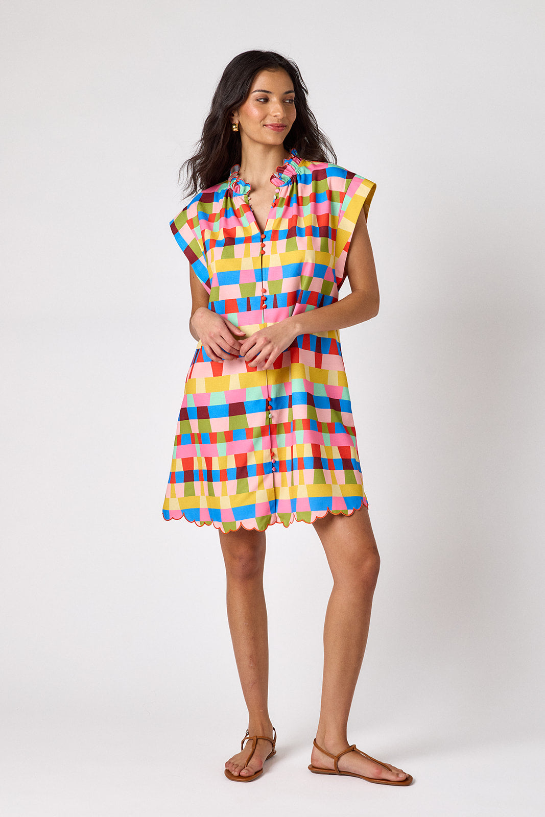 Prism button-front mini dress with scallop hem on model — CROSBY by Mollie Burch