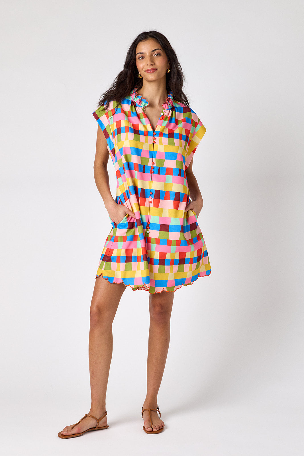 Prism button-front mini dress with scallop hem on model — CROSBY by Mollie Burch
