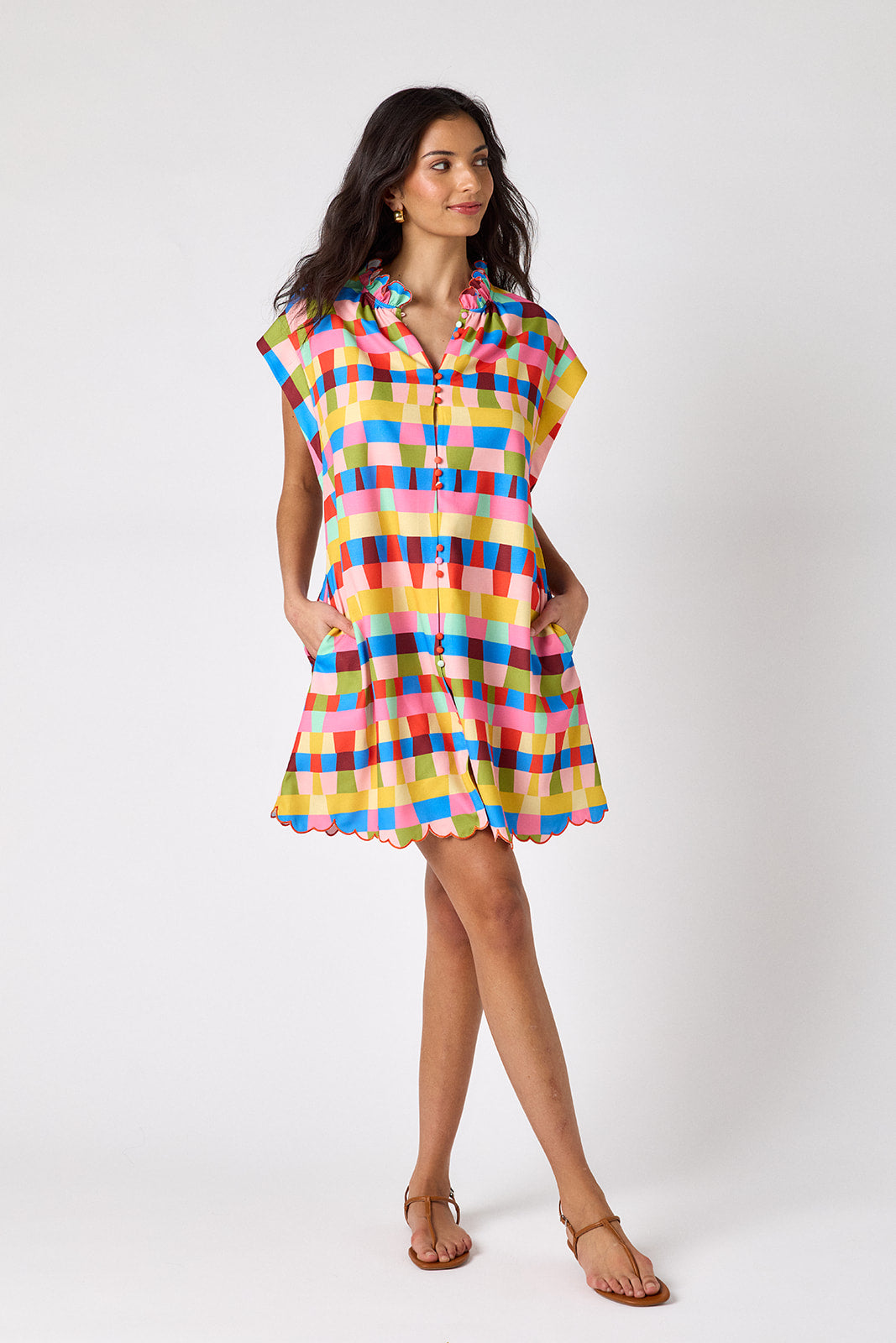 Prism button-front mini dress with scallop hem on model — CROSBY by Mollie Burch