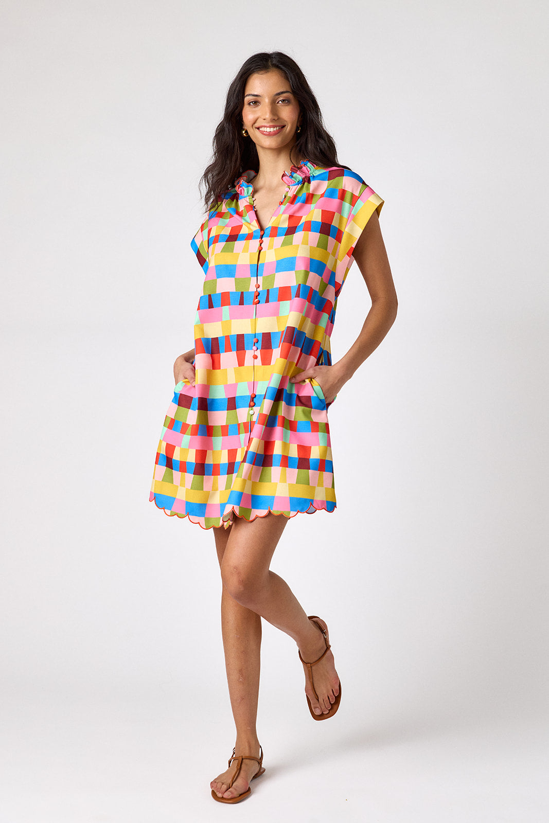 Prism button-front mini dress with scallop hem on model — CROSBY by Mollie Burch