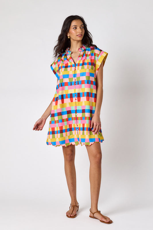 Prism button-front mini dress with scallop hem on model — CROSBY by Mollie Burch
