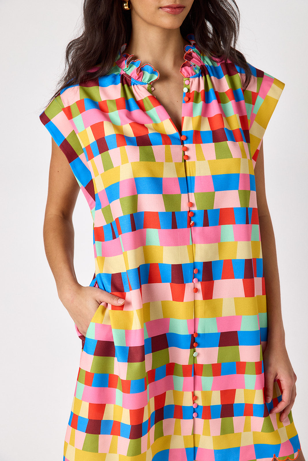 Prism button-front mini dress with scallop hem on model — CROSBY by Mollie Burch
