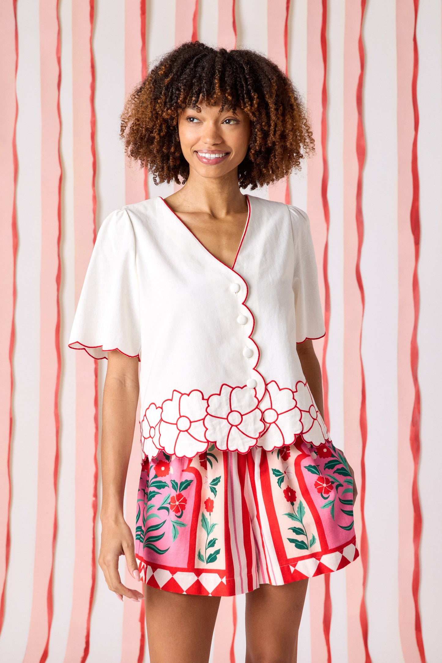 Palladio shorts with Ivory blouse on model — CROSBY by Mollie Burch