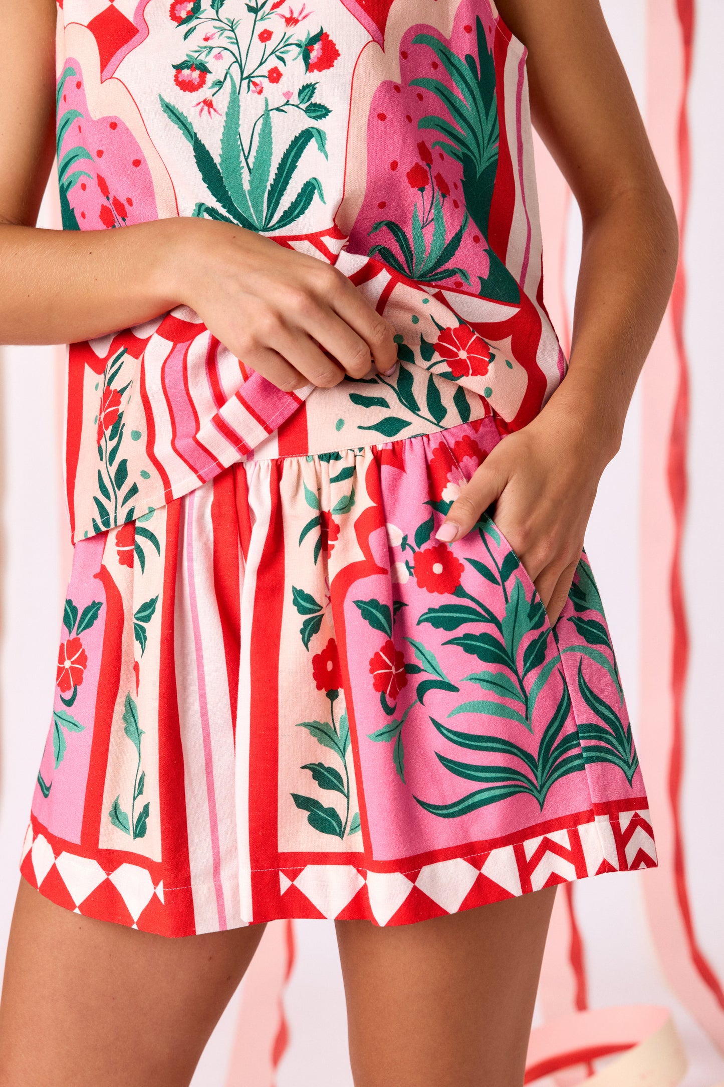 Palladio shorts with matching A-line tank top on model — CROSBY by Mollie Burch