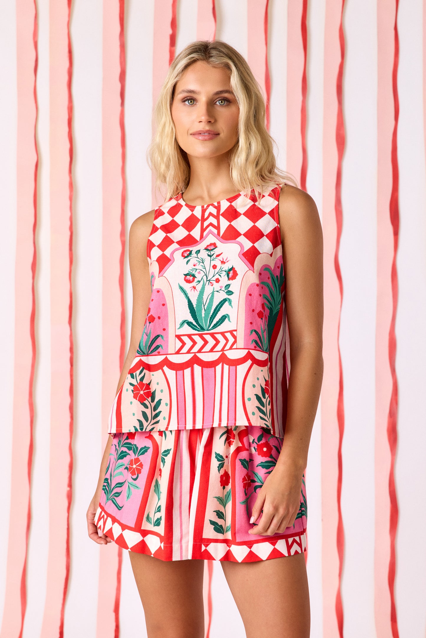 Palladio shorts with matching A-line tank top on model — CROSBY by Mollie Burch