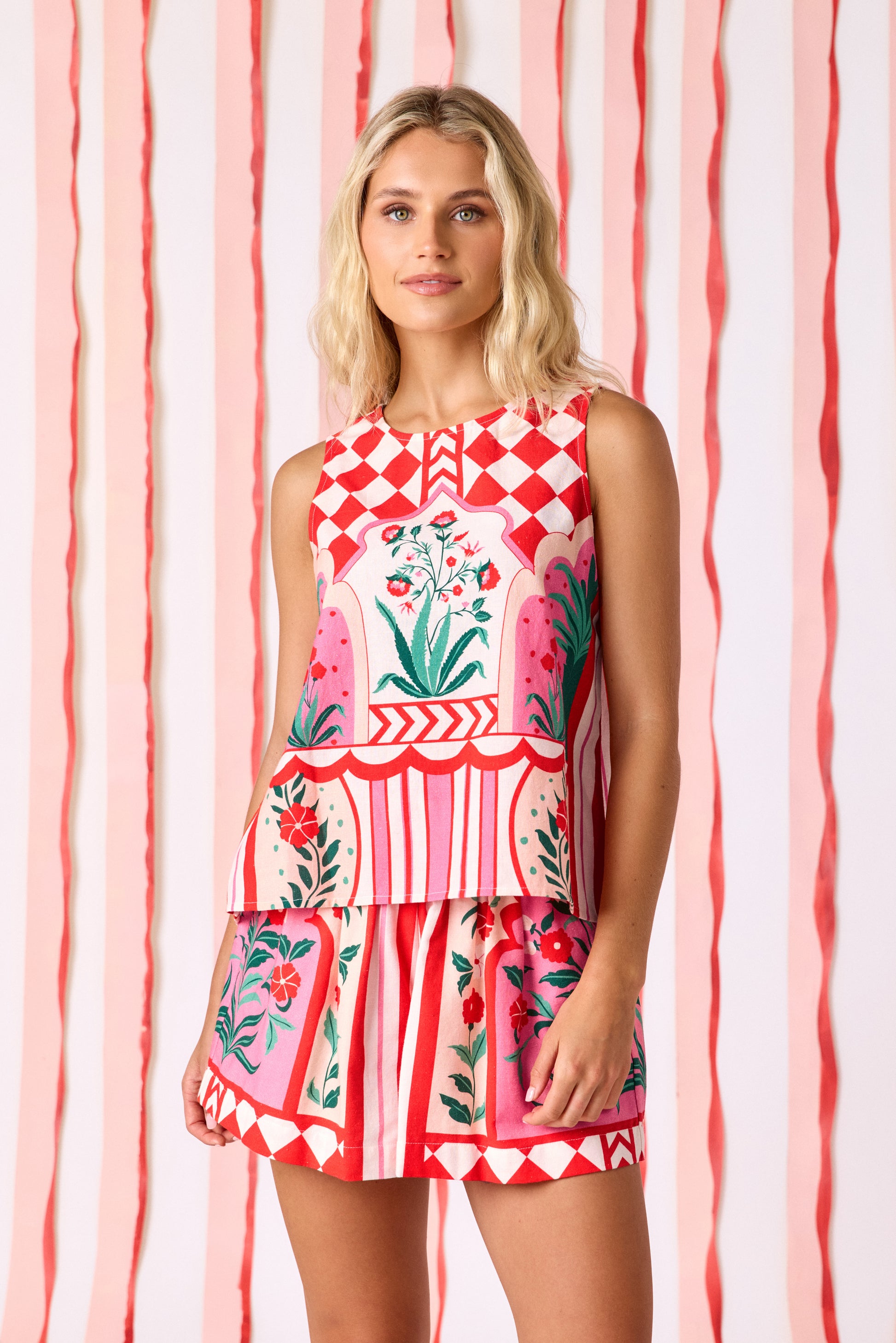 Palladio shorts with matching A-line tank top on model — CROSBY by Mollie Burch