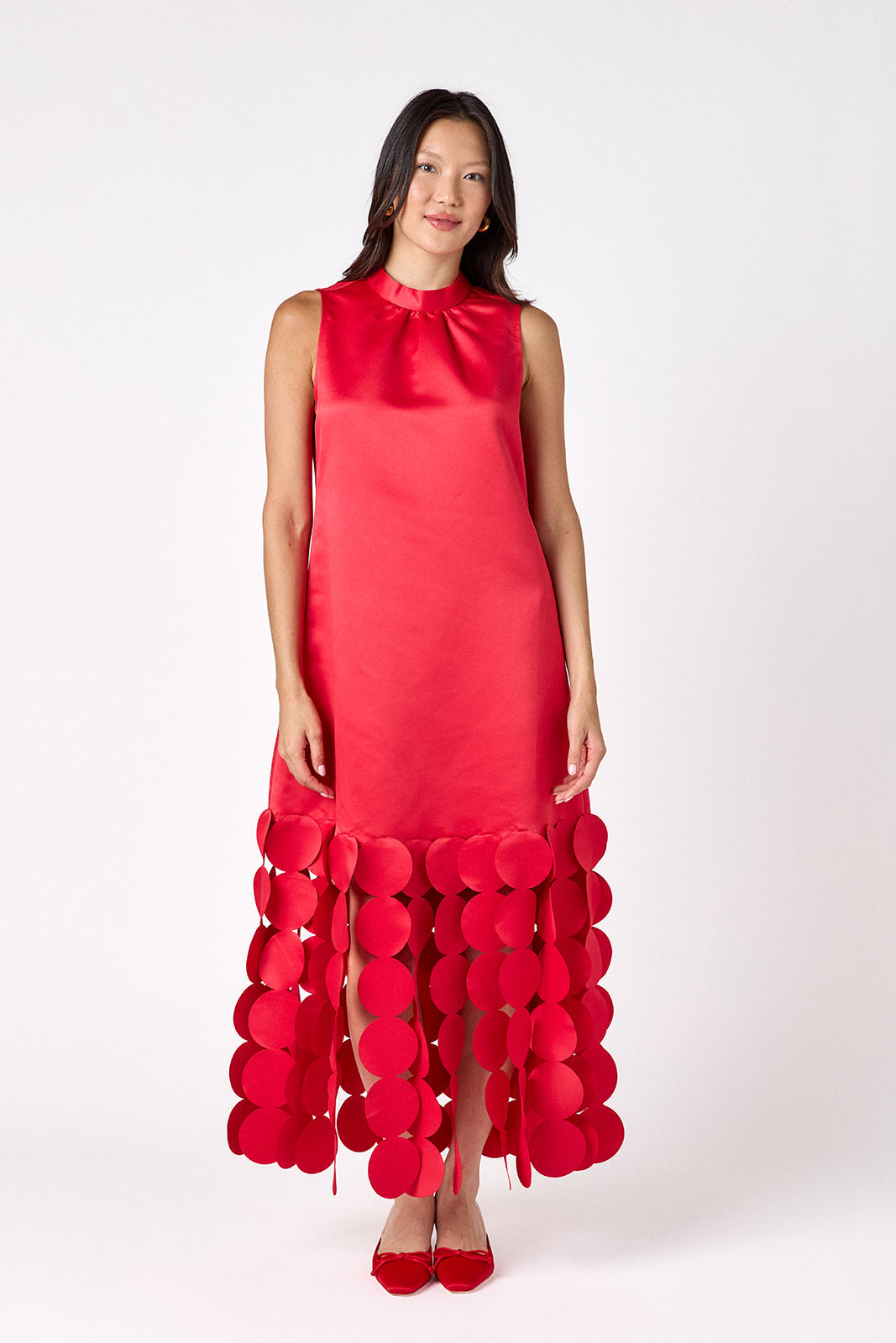 Red satin festive party dress on model – CROSBY by Mollie Burch