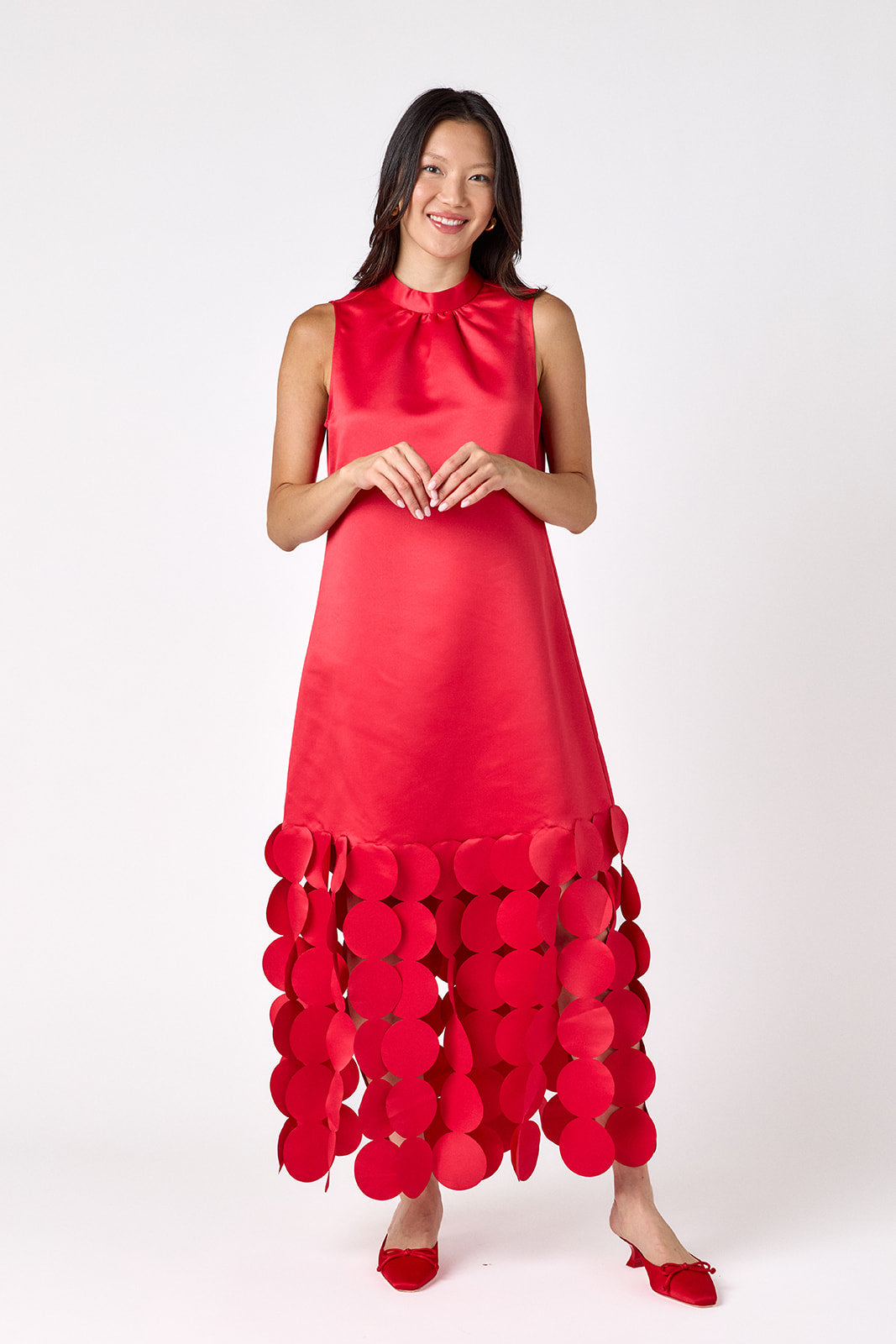 Red satin festive party dress on model – CROSBY by Mollie Burch