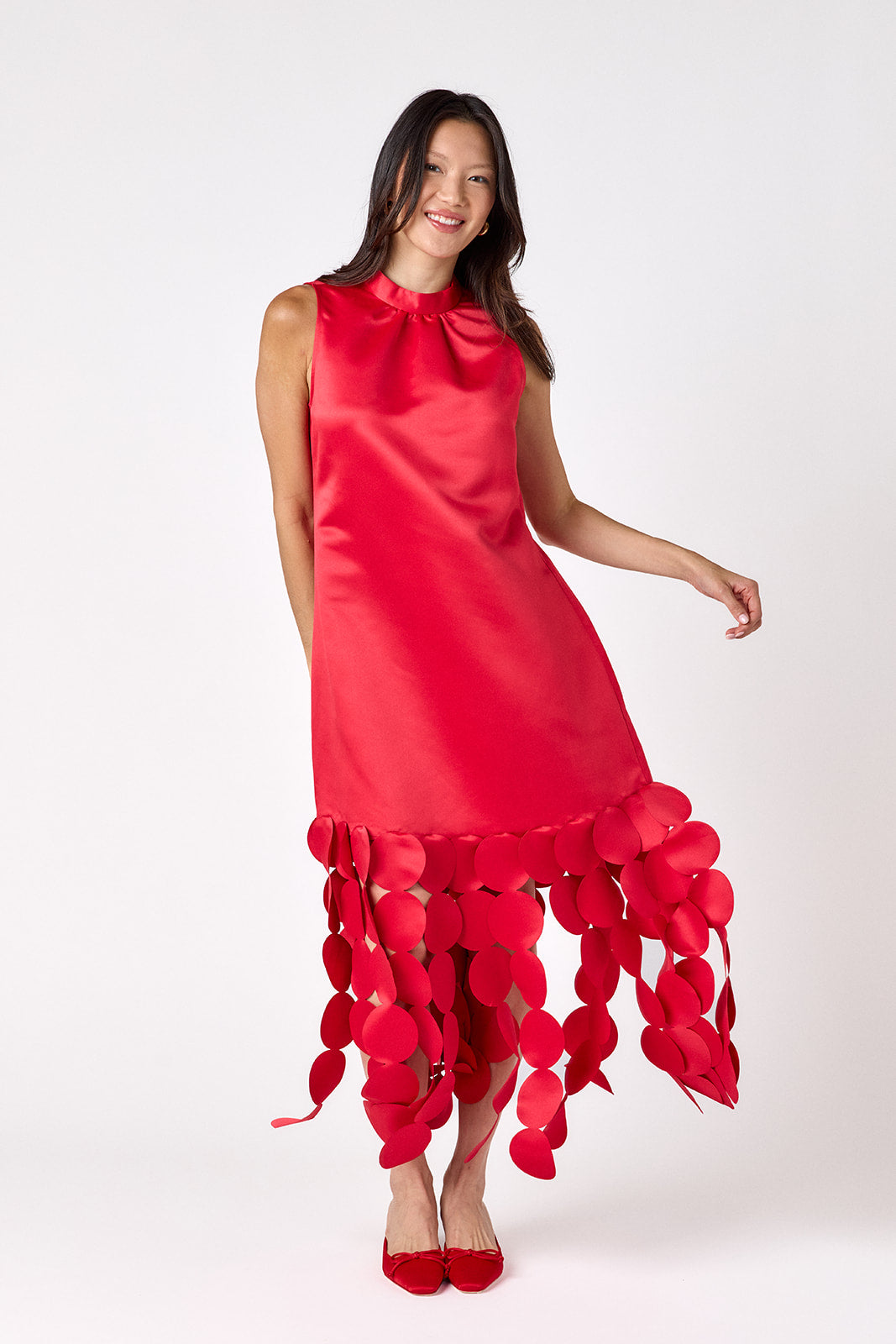Red satin festive party dress on model – CROSBY by Mollie Burch