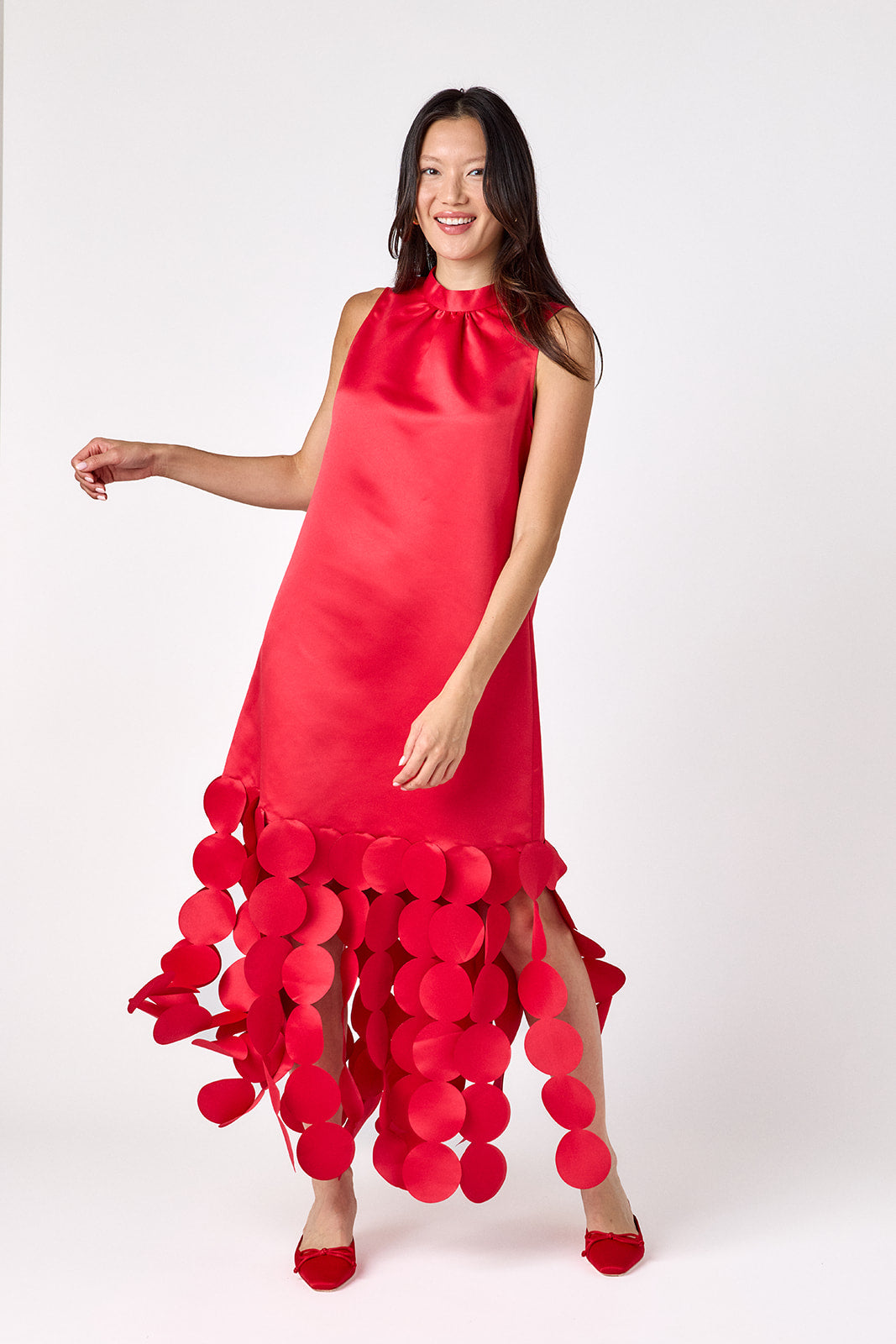 Red satin festive party dress on model – CROSBY by Mollie Burch