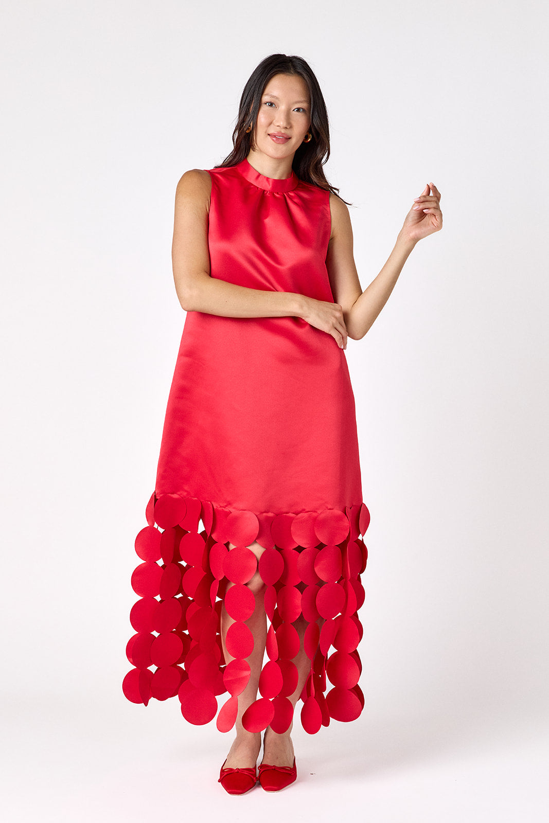Red satin festive party dress on model – CROSBY by Mollie Burch