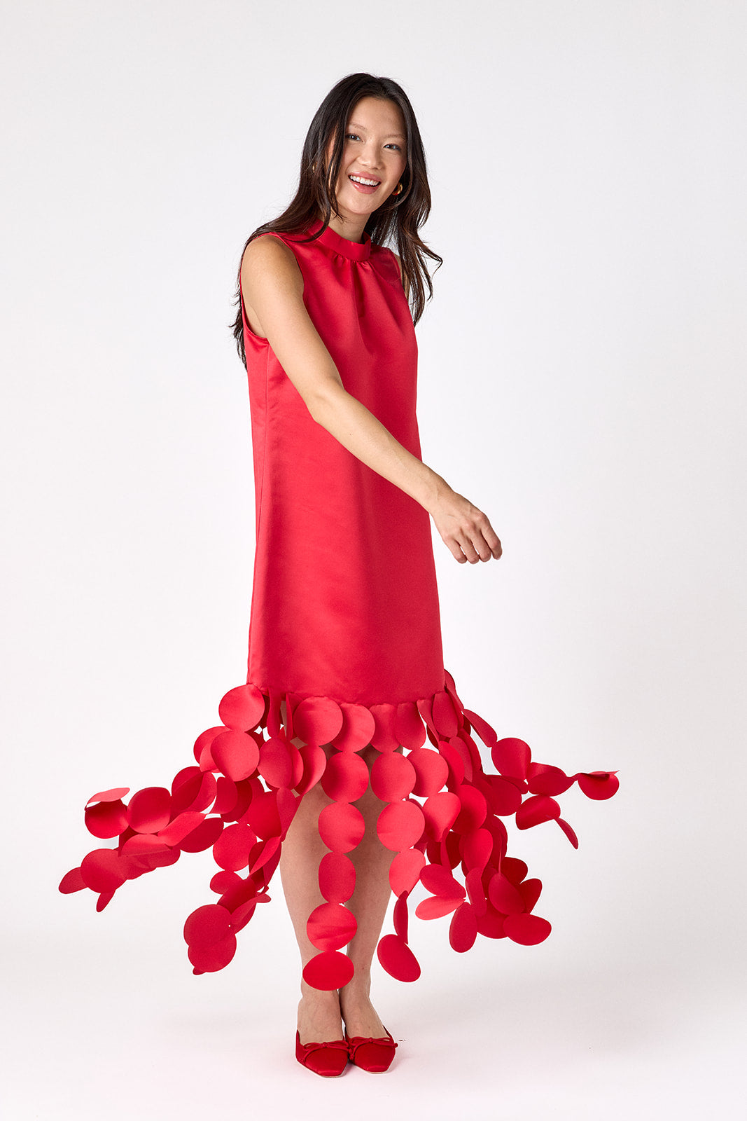 Red satin festive party dress on model – CROSBY by Mollie Burch