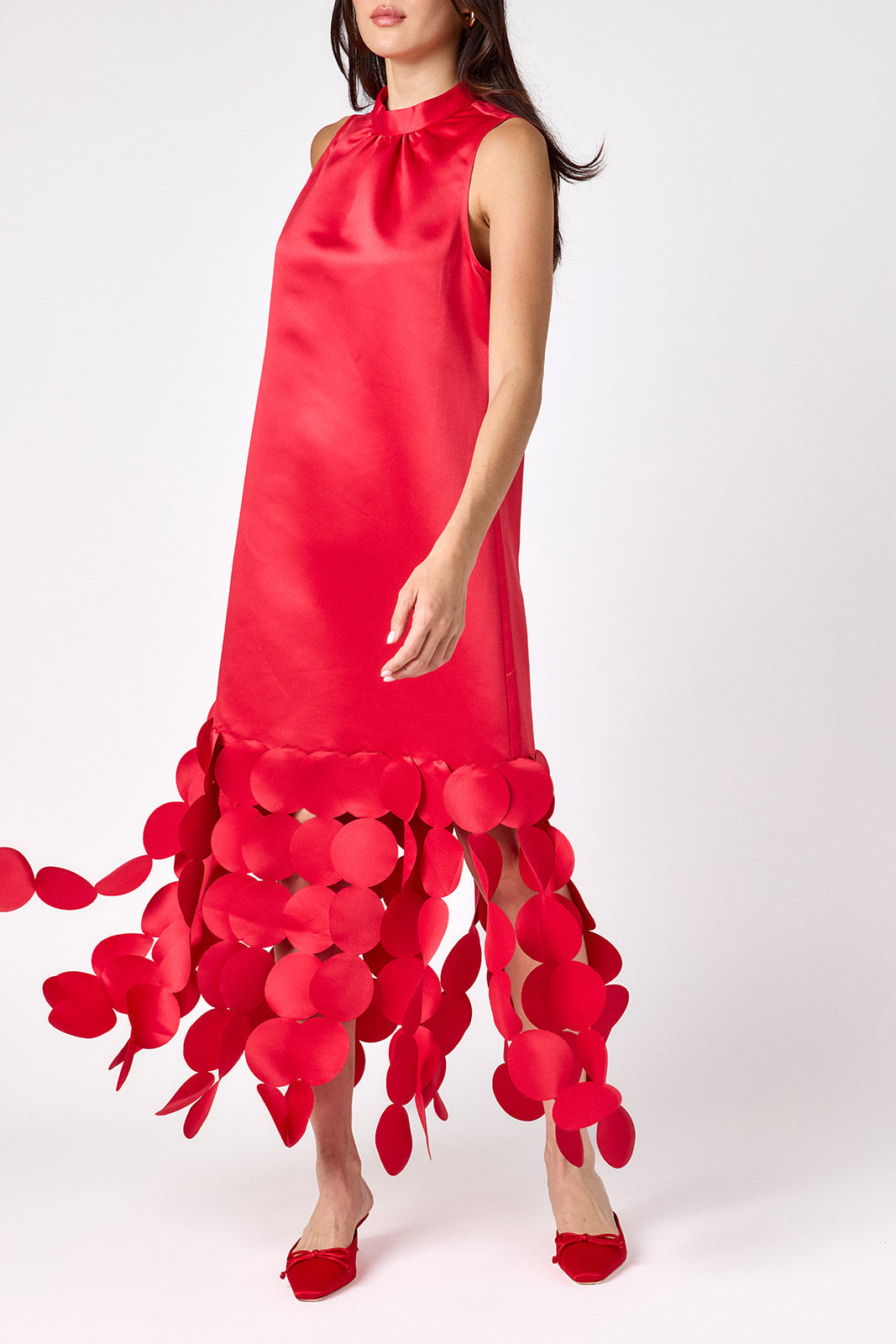 Red satin festive party dress on model – CROSBY by Mollie Burch