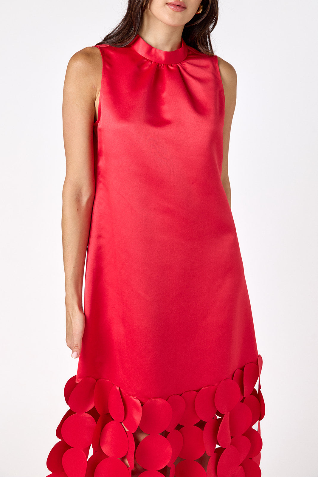 Red satin festive party dress on model – CROSBY by Mollie Burch