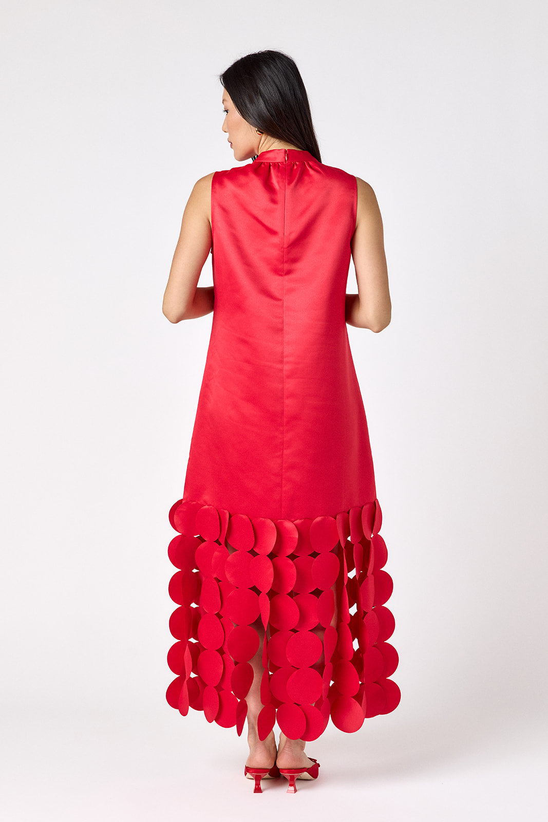 Red satin festive party dress on model – CROSBY by Mollie Burch