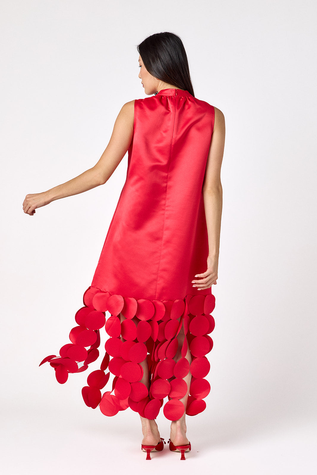 Red satin festive party dress on model – CROSBY by Mollie Burch
