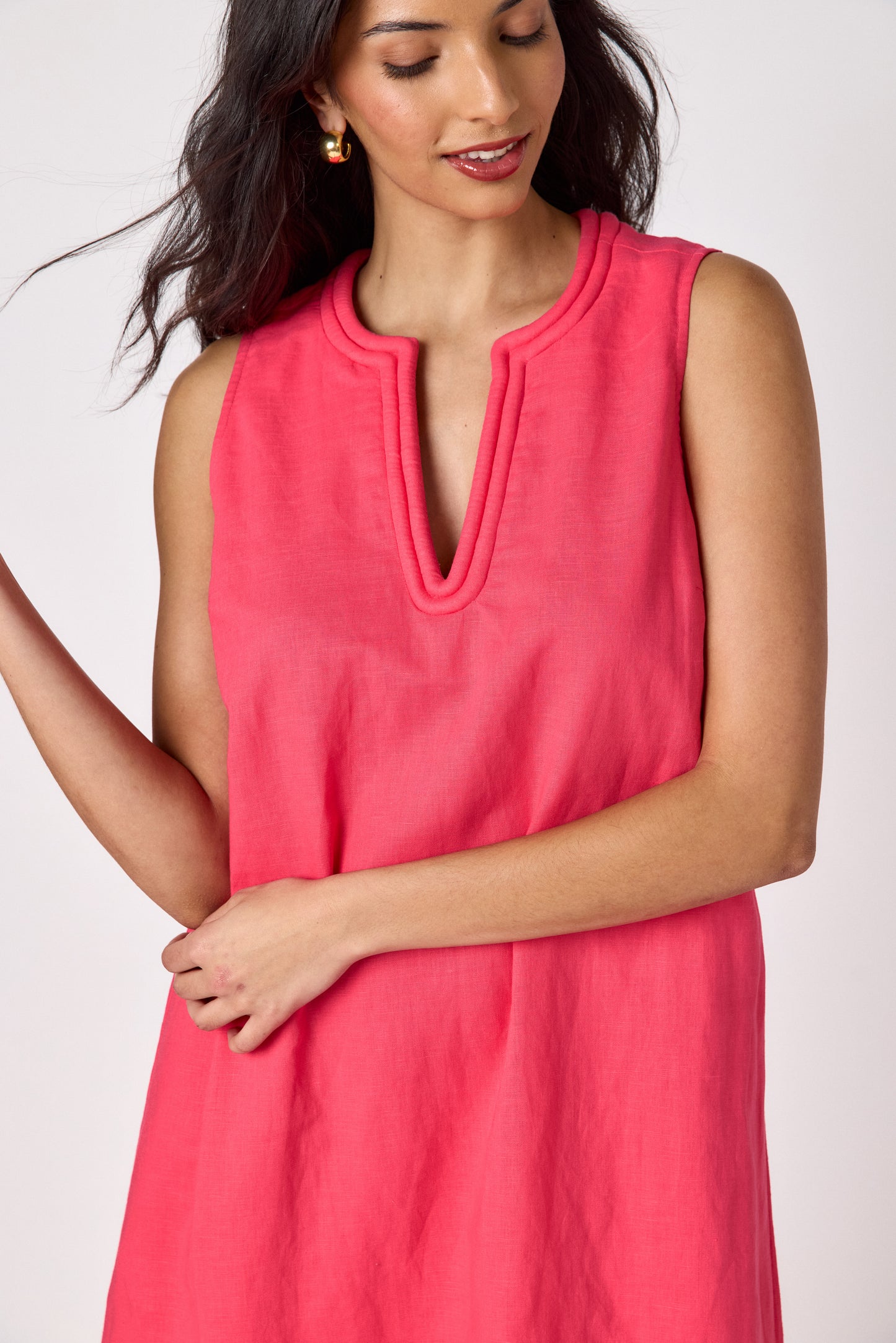 Raspberry sleeveless v-neck ankle length dress on model — CROSBY by Mollie Burch