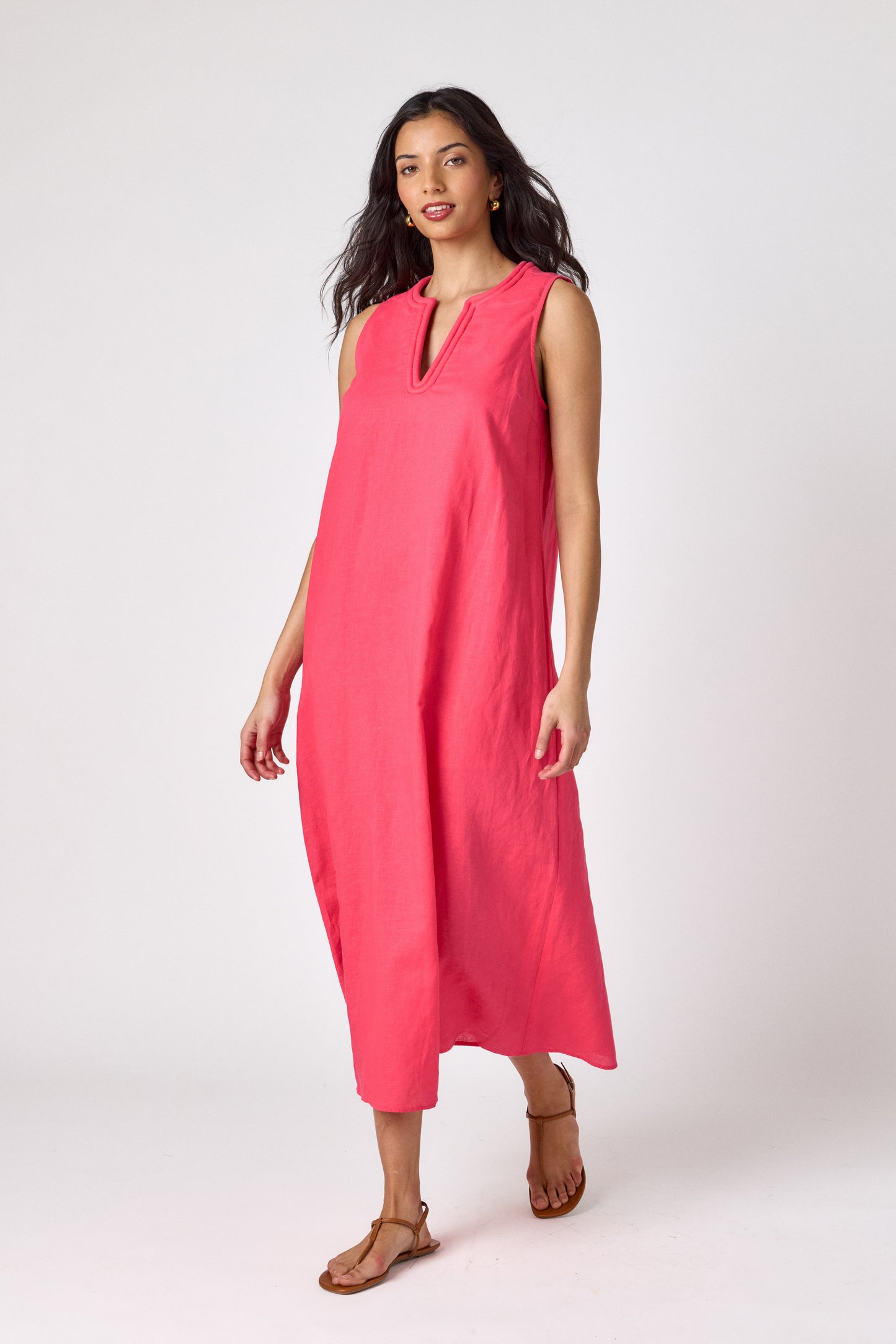 Raspberry sleeveless v-neck ankle length dress on model — CROSBY by Mollie Burch