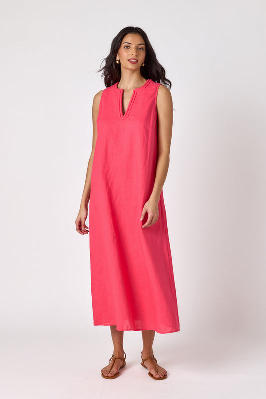 Raspberry sleeveless v-neck ankle length dress on model — CROSBY by Mollie Burch