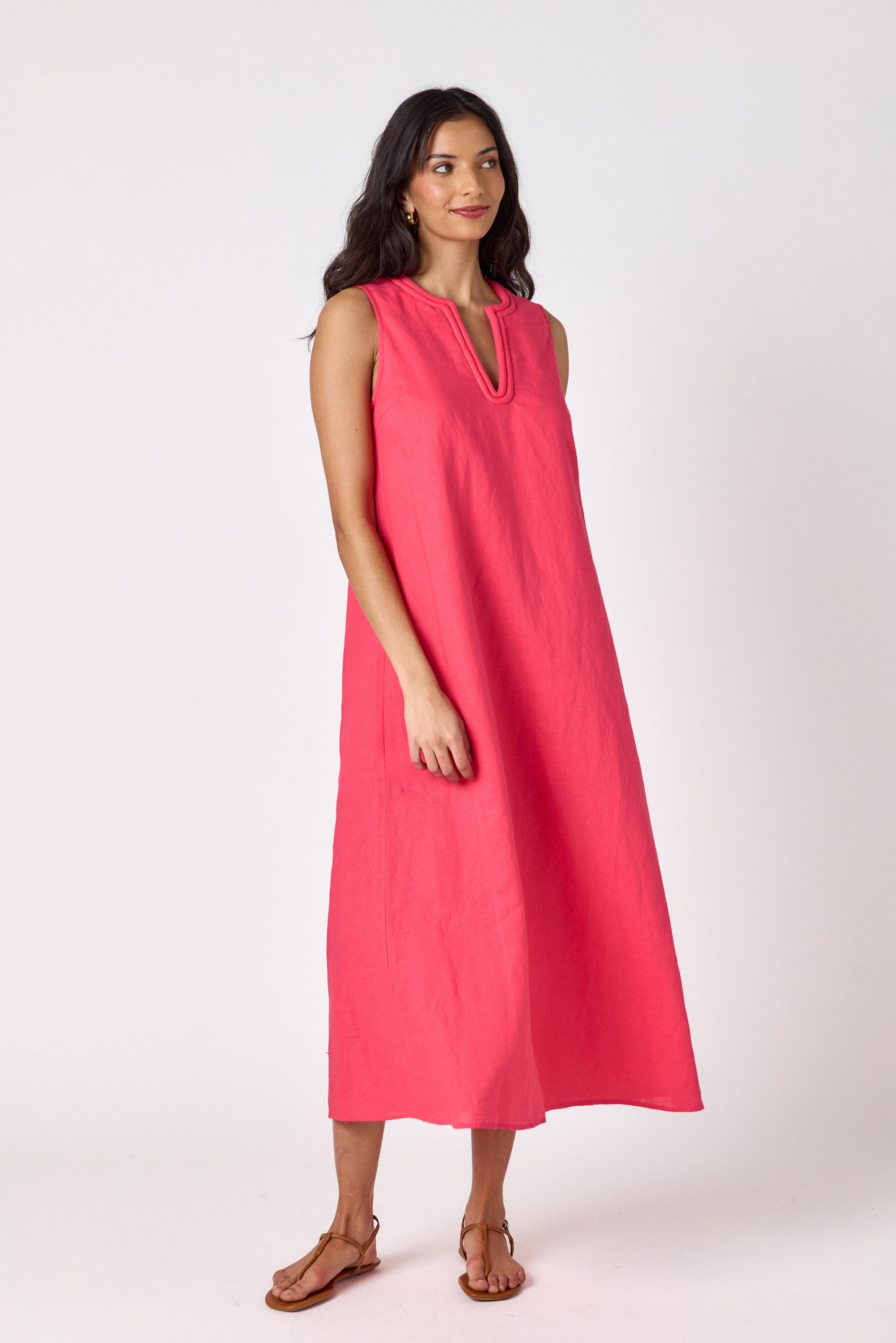 Raspberry sleeveless v-neck ankle length dress on model — CROSBY by Mollie Burch