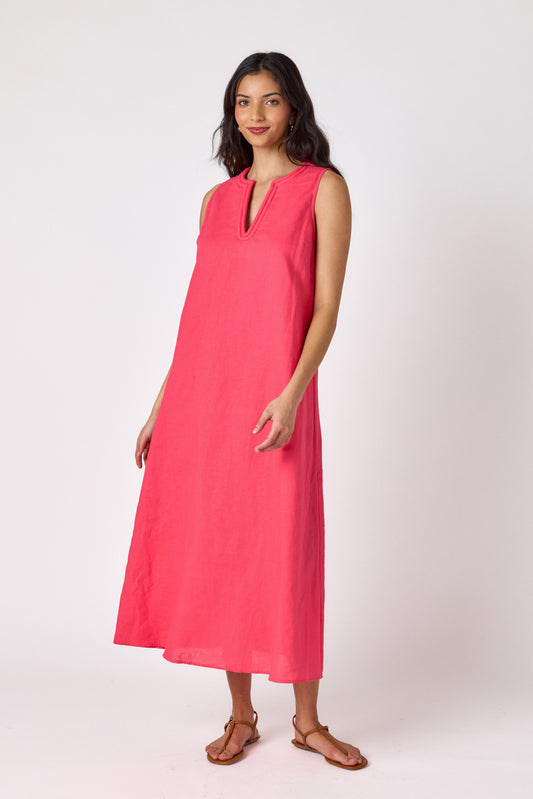 Raspberry sleeveless v-neck maxi dress on model — CROSBY by Mollie Burch