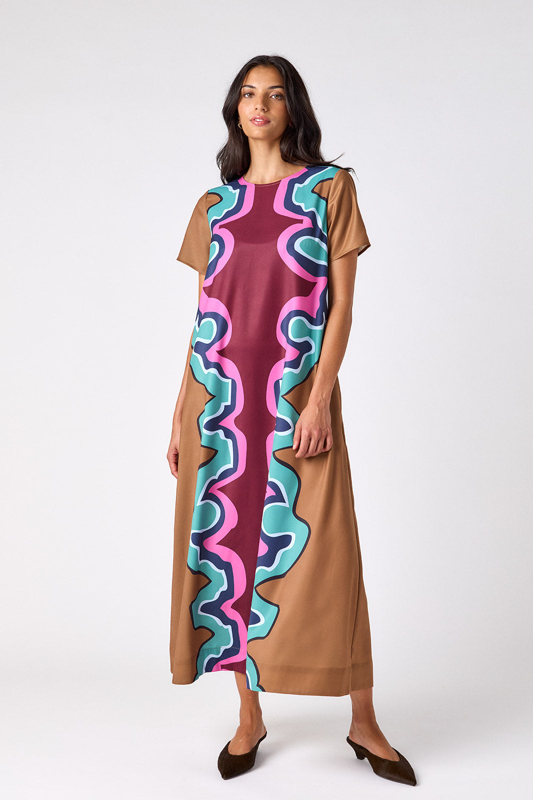 Serpentine tent-style short sleeve dress on model – CROSBY by Mollie Burch