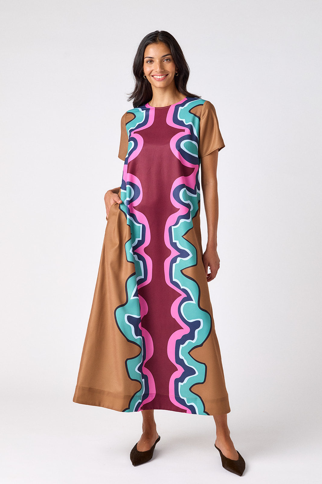 Serpentine tent-style short sleeve dress on model – CROSBY by Mollie Burch
