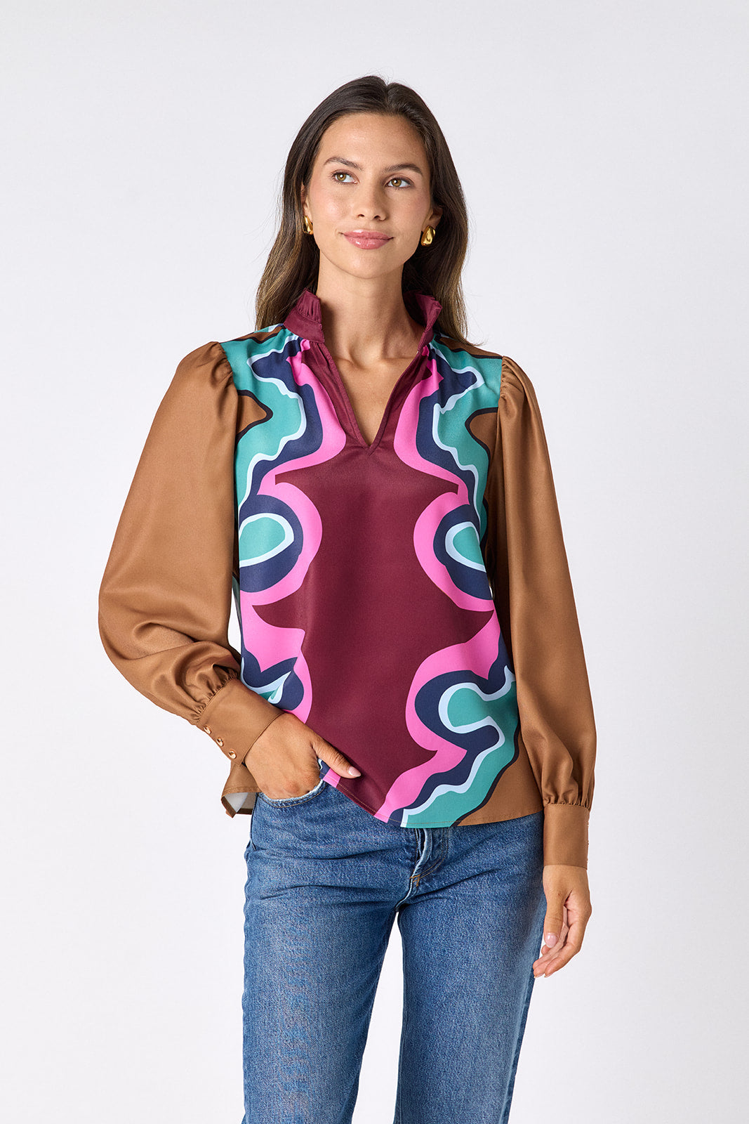Serpentine relaxed fit long-sleeve blouse with ruffle standing collar on model – CROSBY by Mollie Burch