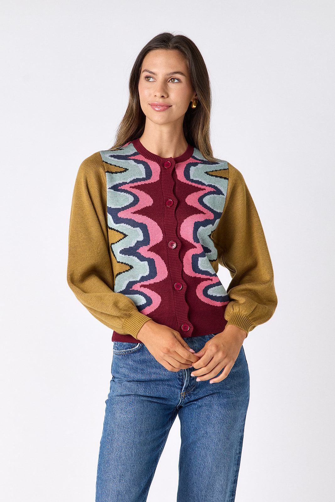 Serpentine long sleeve cardigan sweater on model – CROSBY by Mollie Burch