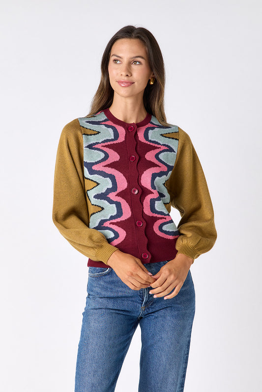 Serpentine long sleeve cardigan sweater on model – CROSBY by Mollie Burch