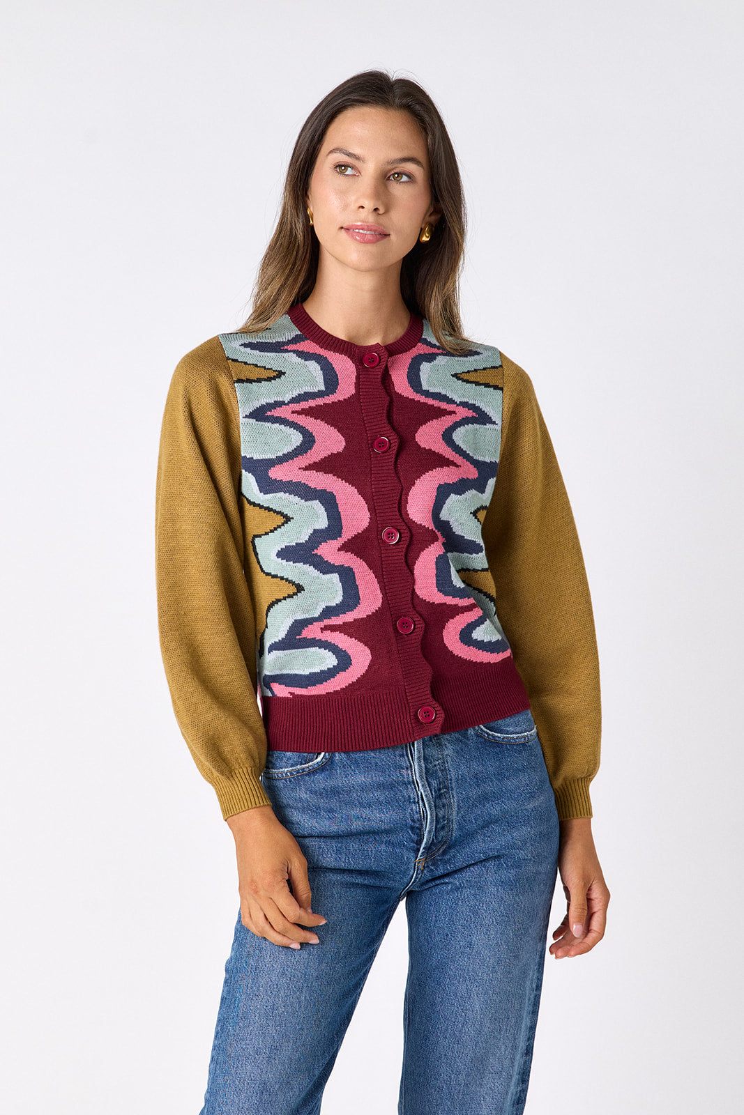 Serpentine long sleeve cardigan sweater on model – CROSBY by Mollie Burch