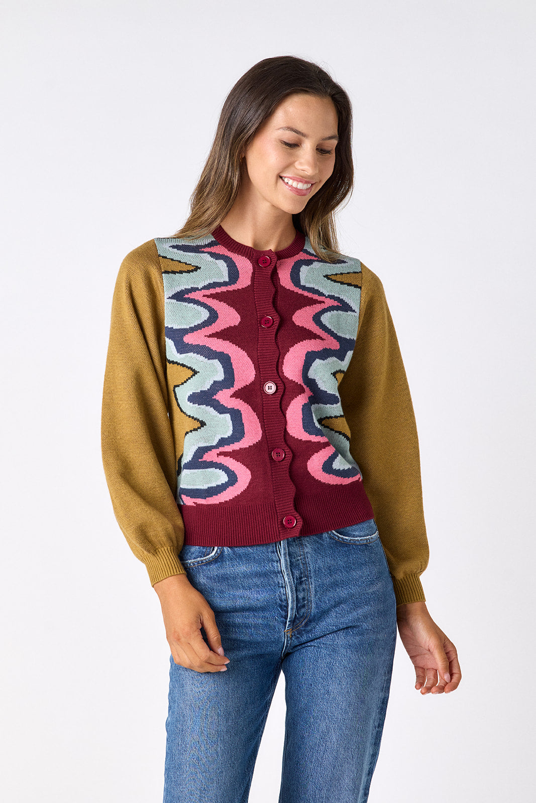 Serpentine long sleeve cardigan sweater on model – CROSBY by Mollie Burch