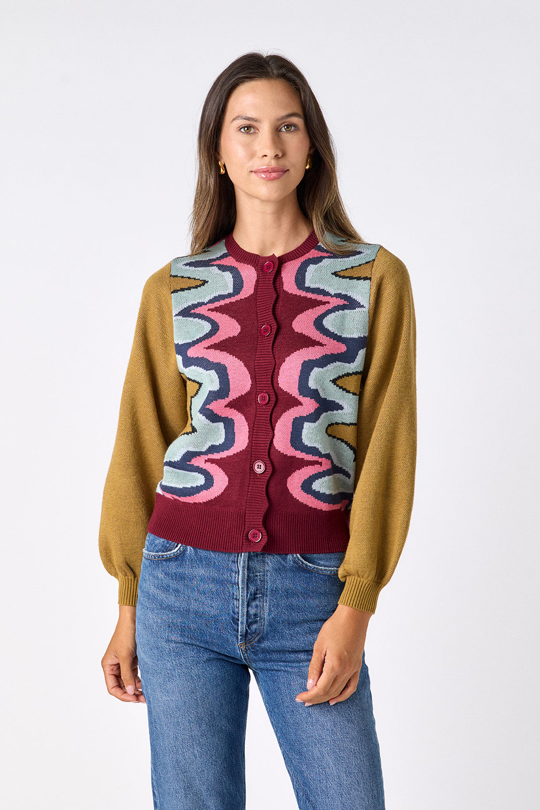 Serpentine long sleeve cardigan sweater on model – CROSBY by Mollie Burch