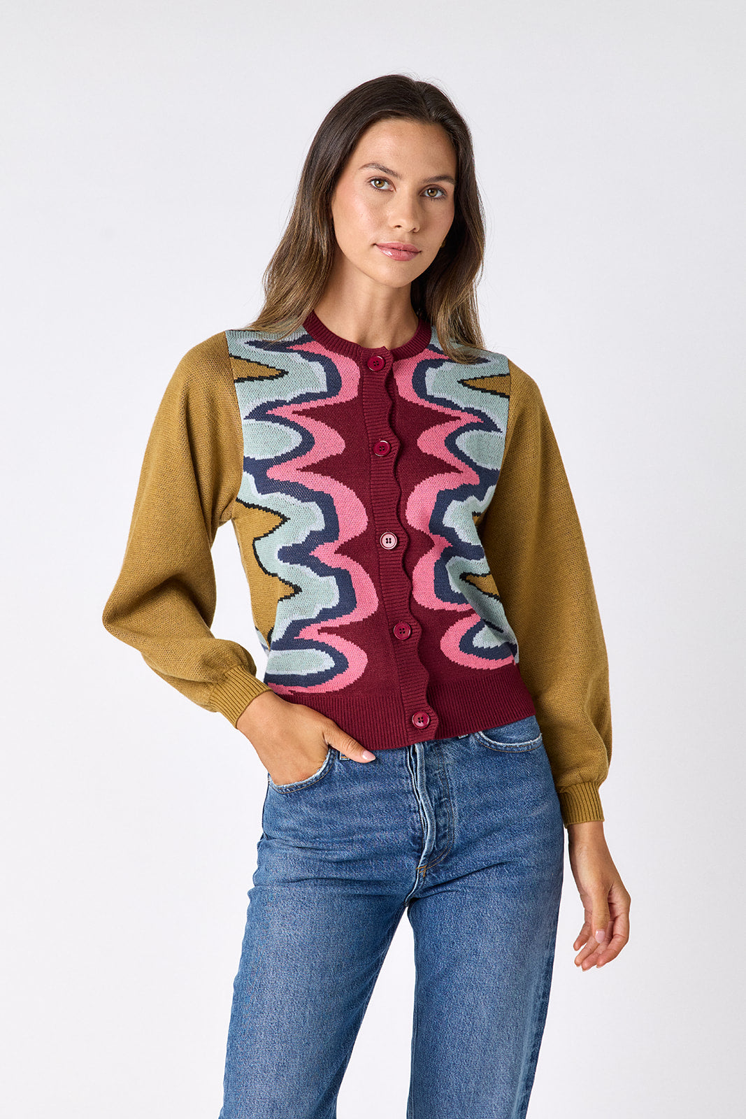 Serpentine long sleeve cardigan sweater on model – CROSBY by Mollie Burch