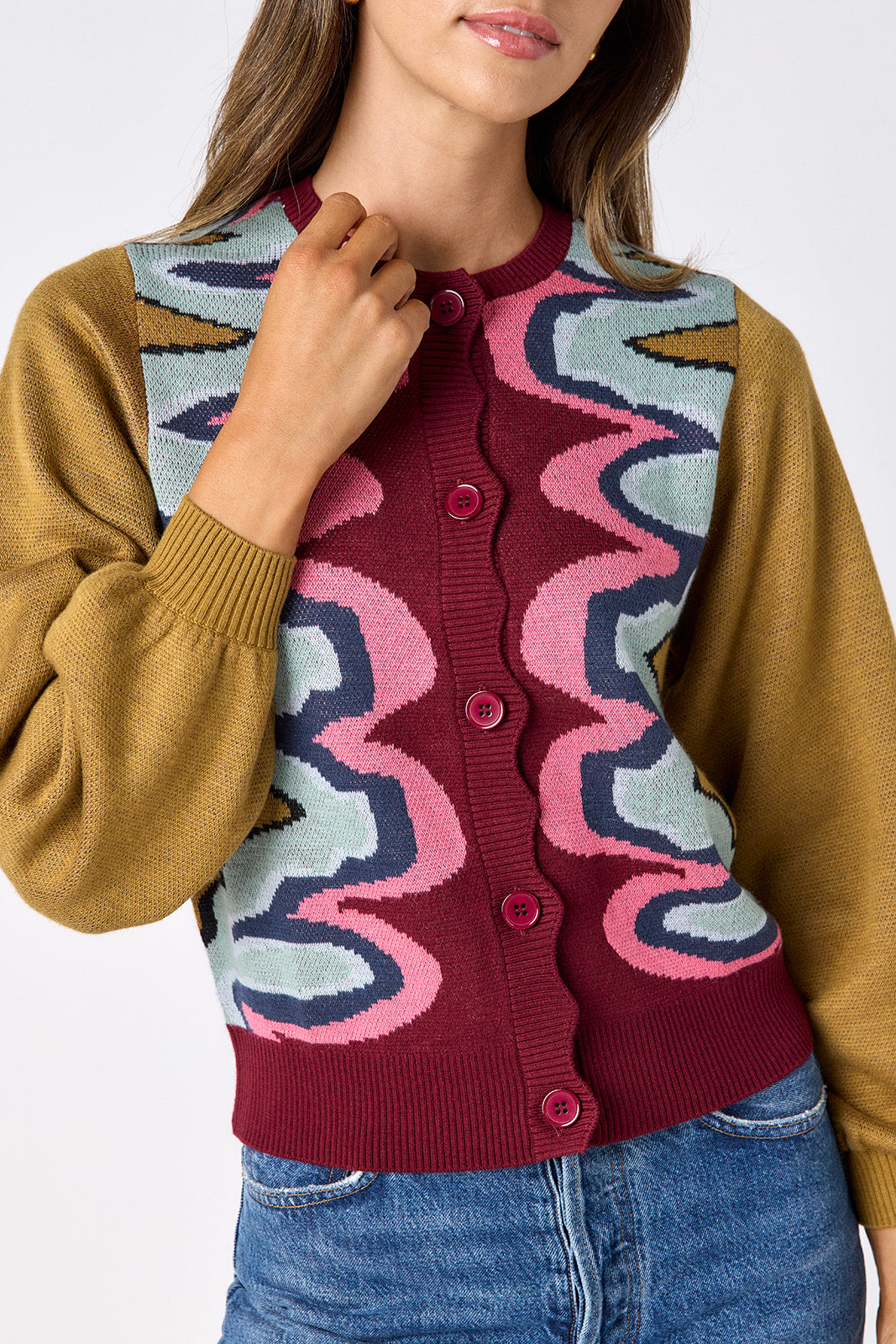 Serpentine long sleeve cardigan sweater on model – CROSBY by Mollie Burch