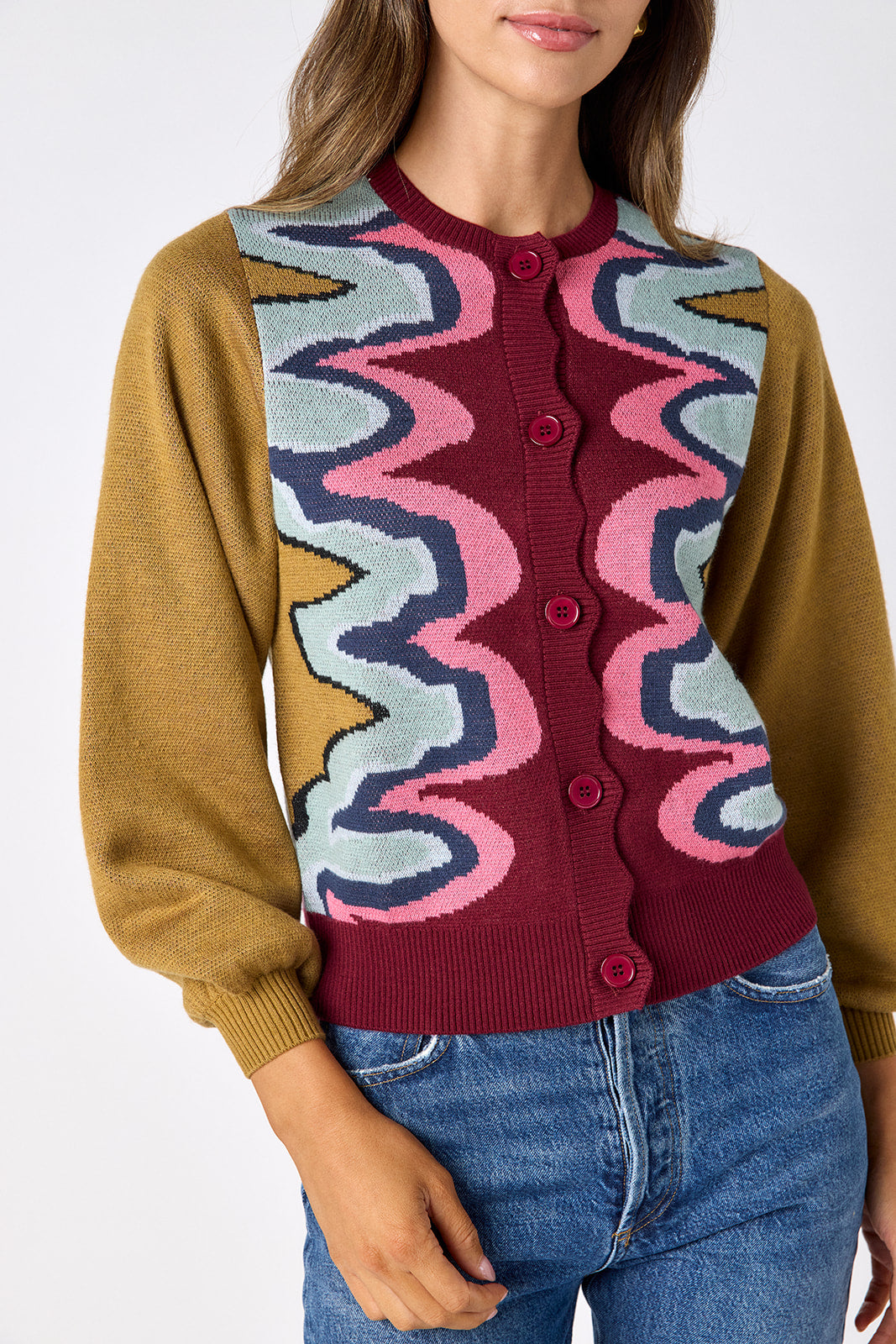Serpentine long sleeve cardigan sweater on model – CROSBY by Mollie Burch