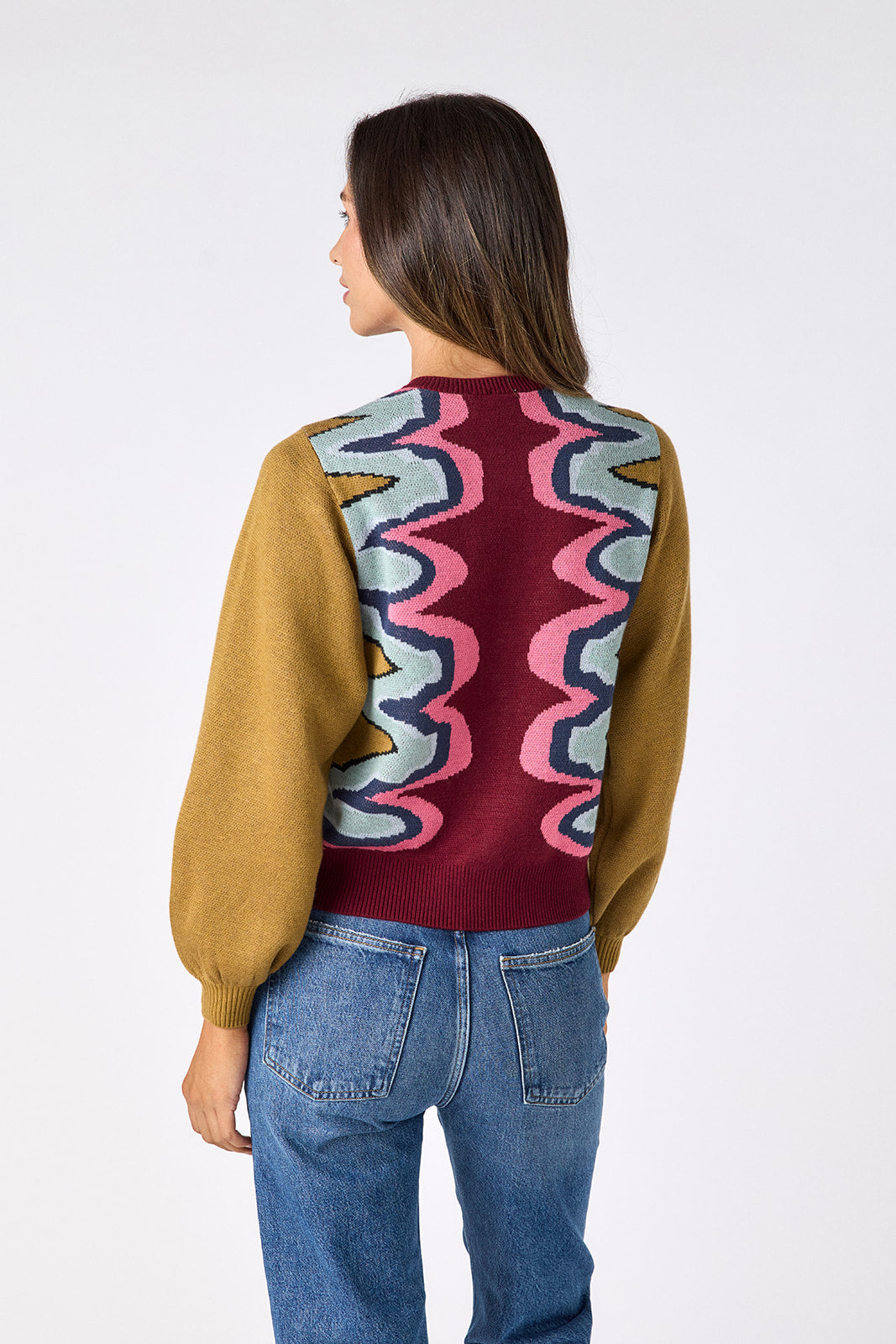 Serpentine long sleeve cardigan sweater on model – CROSBY by Mollie Burch