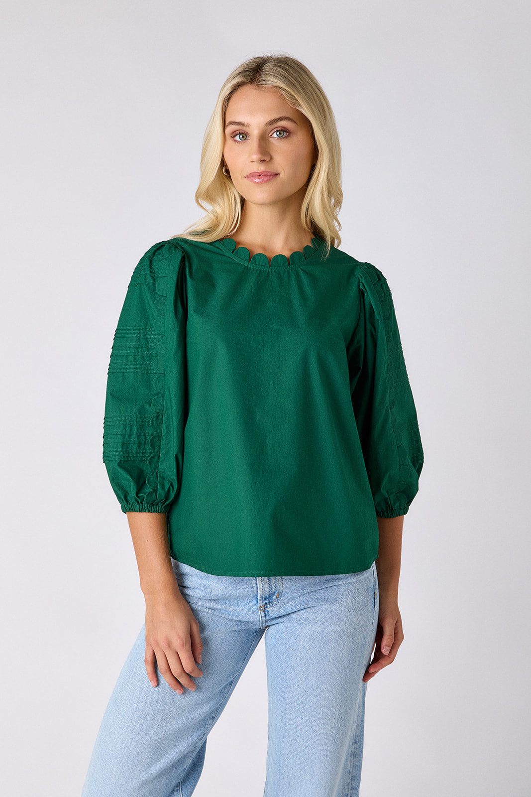 Shadow Pine top with scallop trim on model — CROSBY by Mollie Burch