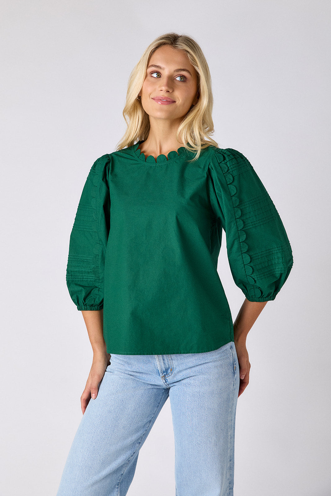 Shadow Pine top with scallop trim on model — CROSBY by Mollie Burch